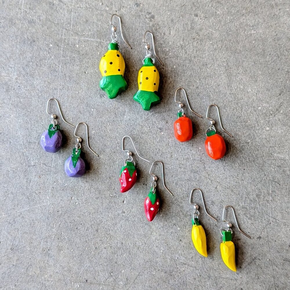 Vintage Fruit Earrings Wooden Pineapple Orange Grape Strawberry Banana Set Of 5